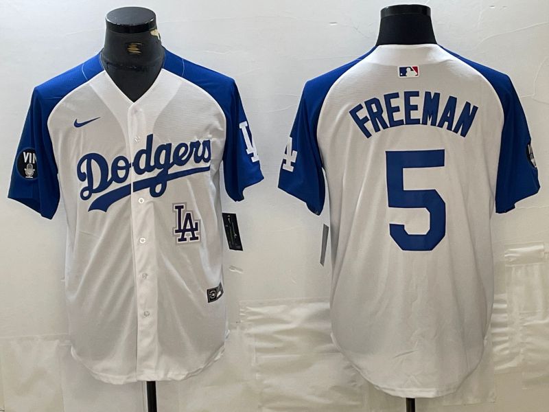 Men Los Angeles Dodgers 5 Freeman White blue Fashion Nike Game MLB Jersey style 5